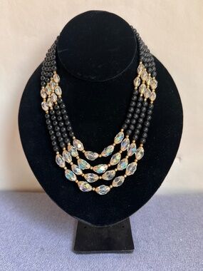 Vintage 4-Strand Beaded Statement Necklace Black Gold Rhinestones Elegant